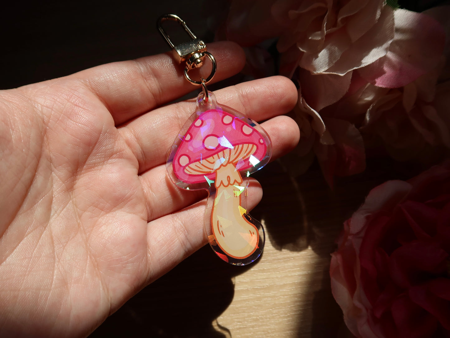 Holographic Pink Mushroom Acrylic Charm