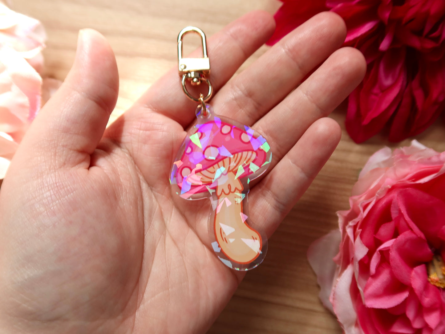 Holographic Pink Mushroom Acrylic Charm