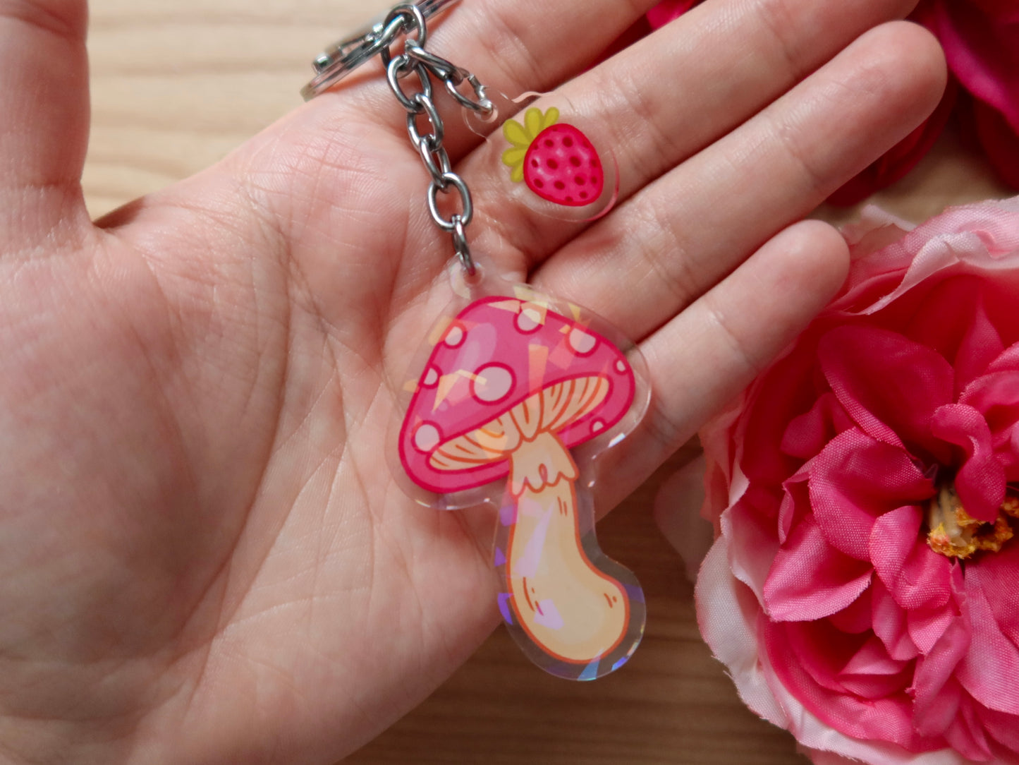 Holo Mushroom and Strawberry Keychain Combo