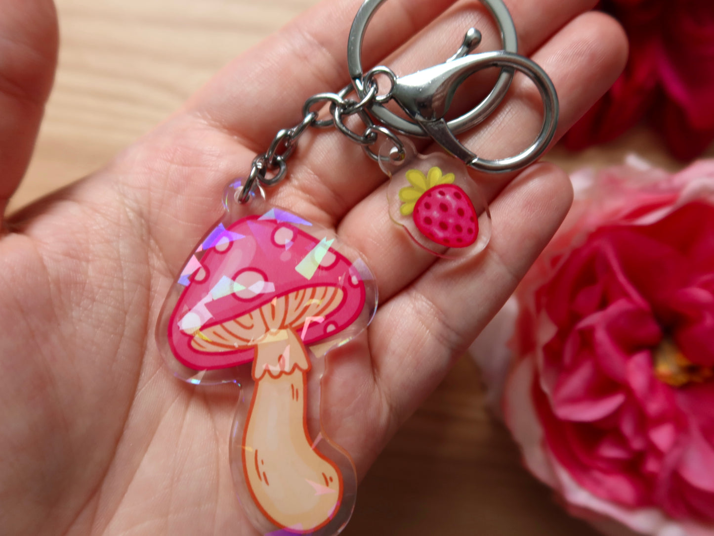 Holo Mushroom and Strawberry Keychain Combo