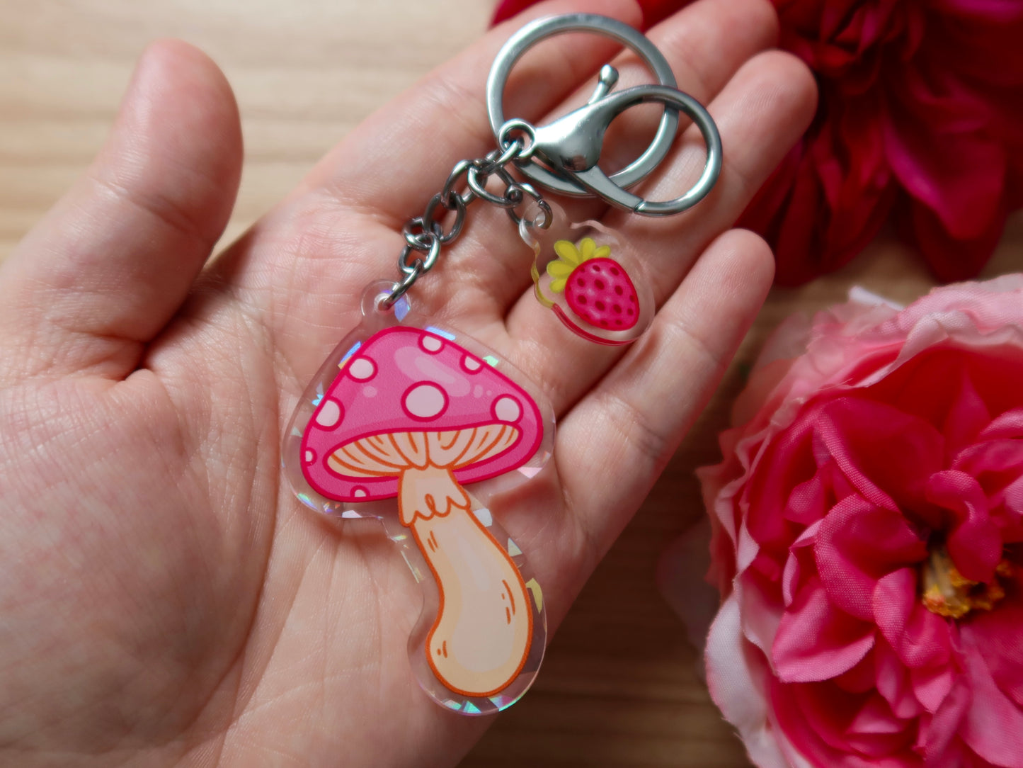 Holo Mushroom and Strawberry Keychain Combo